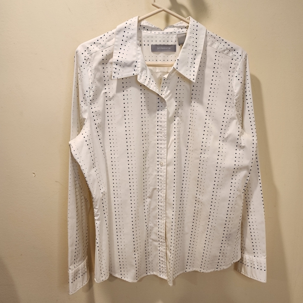 Liz Clairbone white and black Polka Dot long Sleeves plus size cotton blouse 16